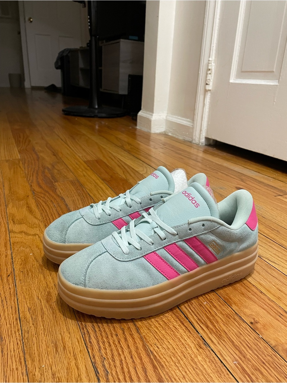 adidas Women's Mint Suede Sneakers with Pink Stripes and Gum Platform - Picture 3 of 9